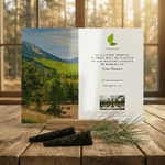 Memorial card with tree planting message on a wooden surface