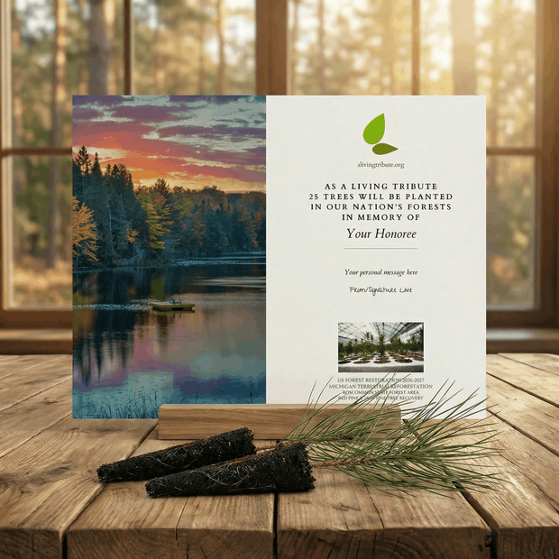 Memorial card with nature-themed design on a wooden surface