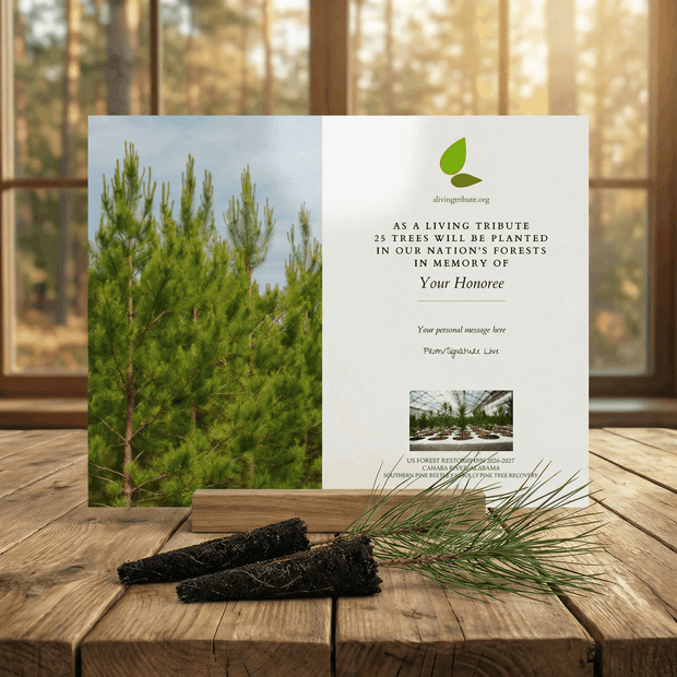 Memorial tree card with Alabama tree planting message on a wooden surface with a forest background