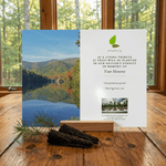 Memorial tree planting kit with scenic card and instructions on a wooden surface.
