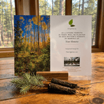 Memorial tree planting card with forest image on a wooden surface