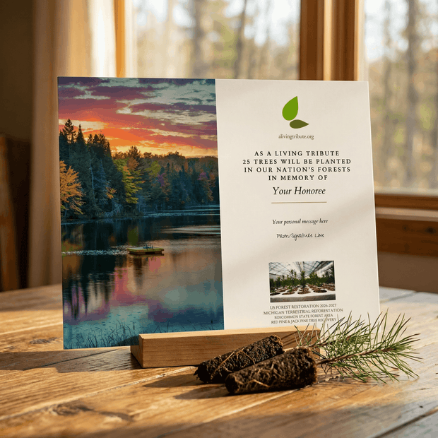 Memorial card with sunset over a lake and text on a wooden surface