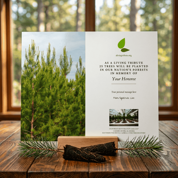 Card with tree planting message on a wooden surface with a forest background