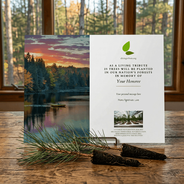 Memorial tree card for Roscommon State Forest Area in Michigan with nature-themed design on a wooden surface