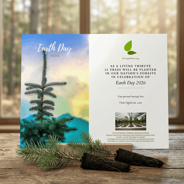 Earth Day 2026 card with tree planting message on a wooden surface