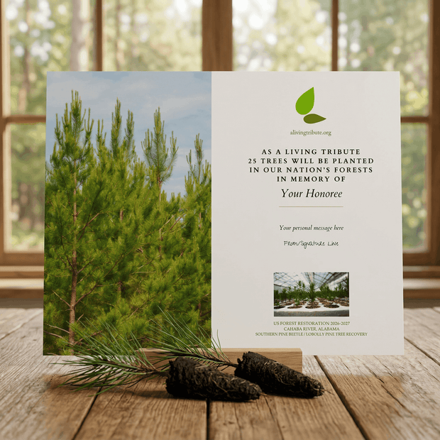 Memorial card for planting trees with a tree and pinecones on a wooden surface.