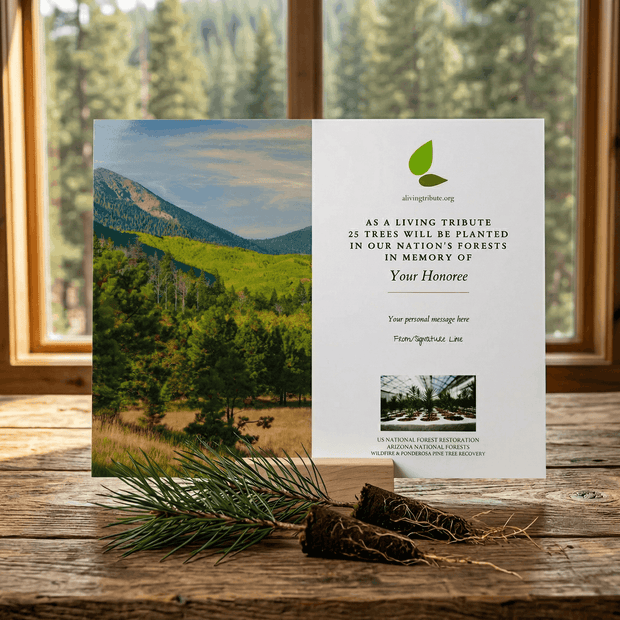 Memorial tree planting card with scenic Arizona mountain view on a wooden surface