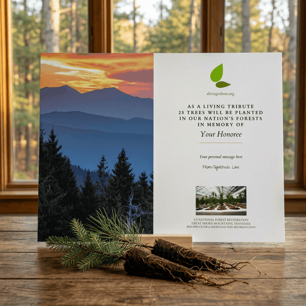 Memorial tree planting card with sunset over mountains and forest on a wooden surface.