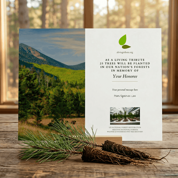 Memorial card for tree planting tribute with a scenic view of a forest in the background.