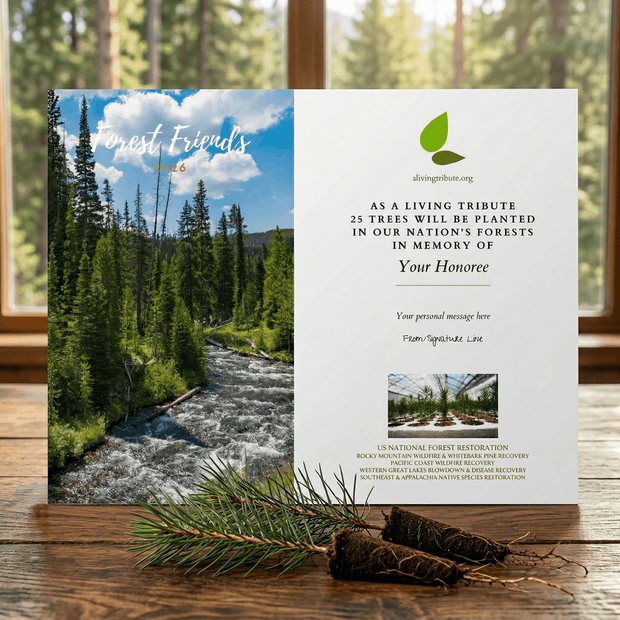 National Forest memorial tree planting card with forest scene and text on a wooden surface.