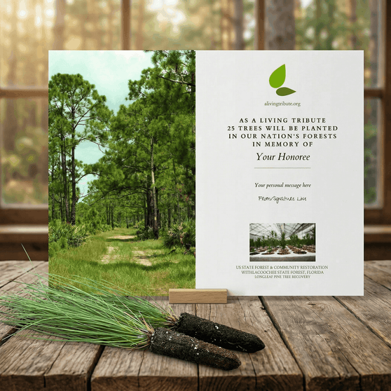 A commemorative card for planting trees in Florida with a background image of a forest clearing with tall trees under a blue sky.