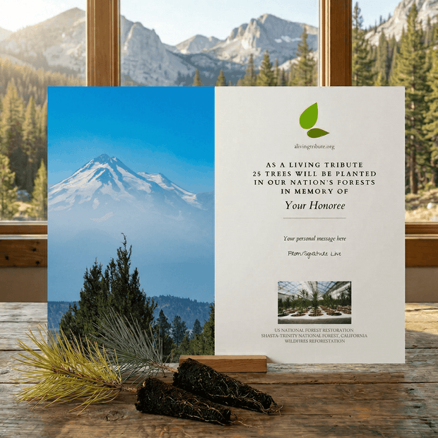Memorial tribute card with mountain view and tree planting message on a wooden surface with a window view of mountains and trees.