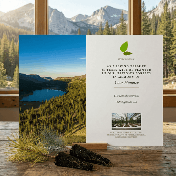 Memorial tribute card with nature scene and text on a wooden surface with a mountain view in the background.
