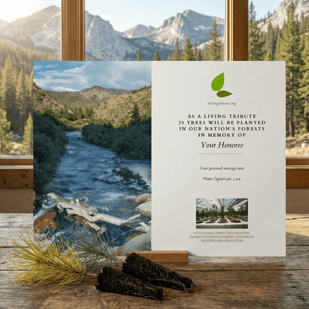 Memorial tribute card with nature scene and text on a wooden surface with a mountain view.