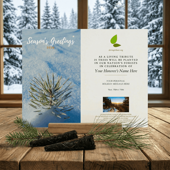 Holiday card with tree planting message on a wooden surface with snowy background