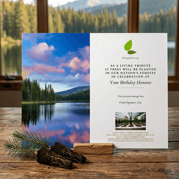 Greeting card with nature-themed design and text on a wooden surface with a forest background.
