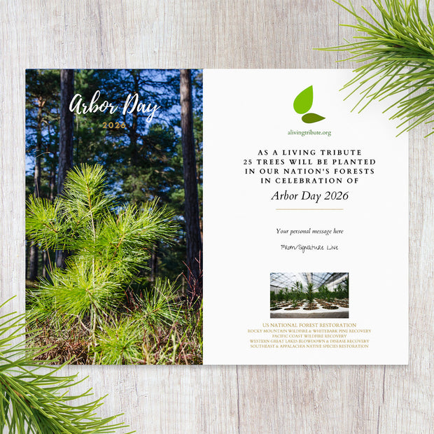 Arbor Day 2026 tree card with tree planting information on a wooden surface.