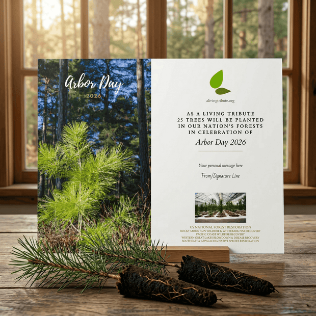 Arbor Day tree planting gift and personalized commemorative photo card with US National forest background